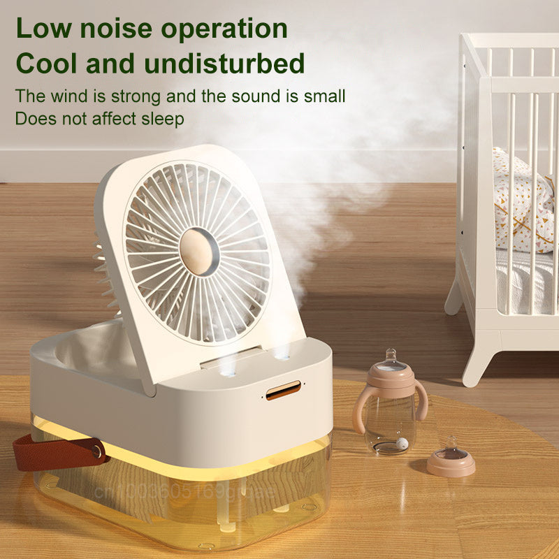 Ventilateur brumisateur portable avec veilleuse intégrée, idéal pour l'été et la maison.