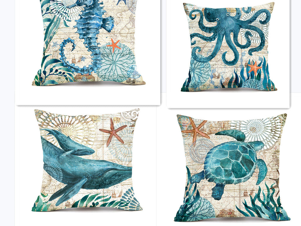 Housses de coussin imprimées tortues marines pour la décoration intérieure, canapé et fauteuil.