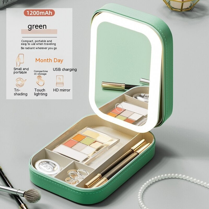 Boîte de rangement pour maquillage avec miroir lumineux LED, boîte de rangement portable pour cosmétiques de voyage, organisateur de rangement lumineux tactile