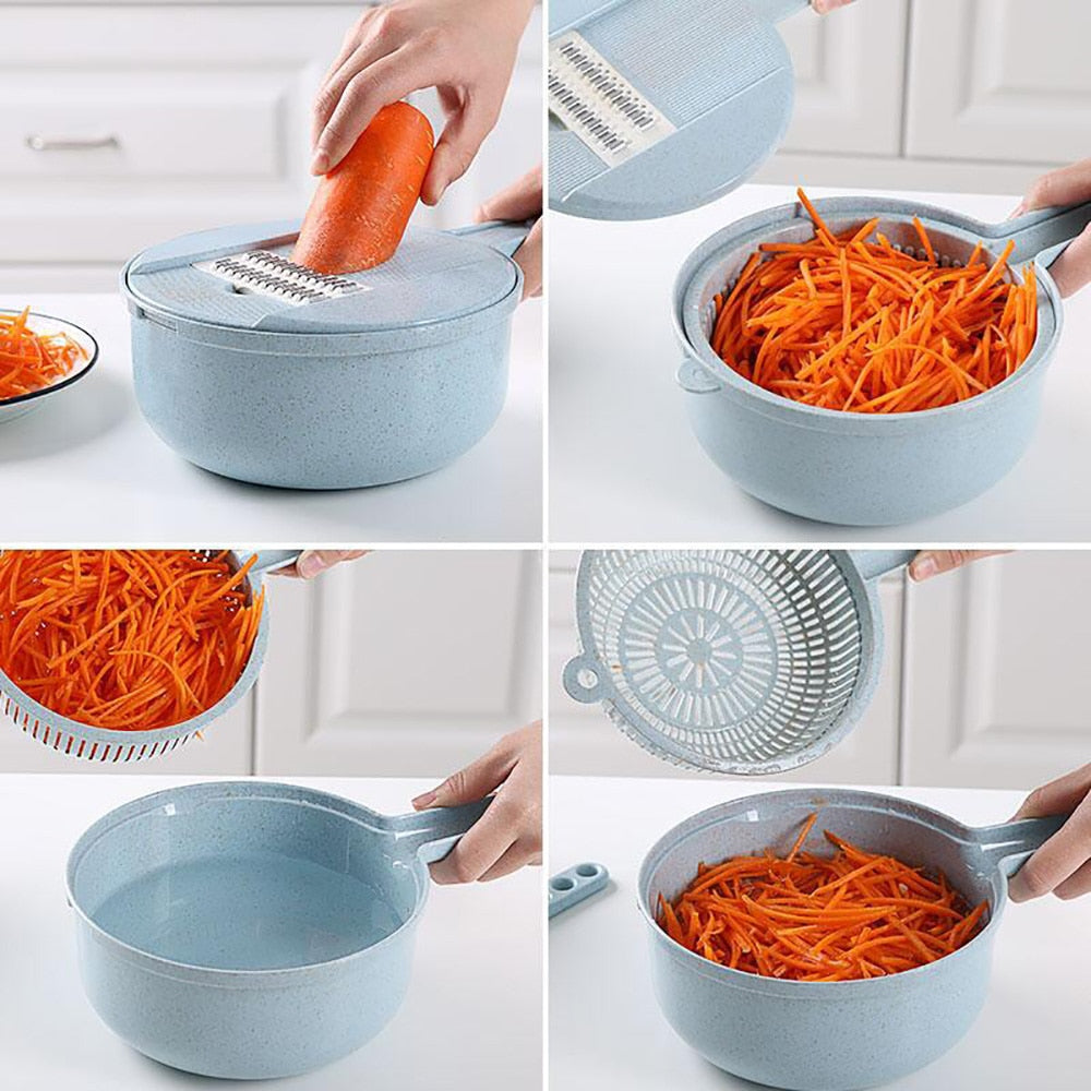 Mandoline 8 en 1 avec passoire intégrée, coupe-légumes et épluche-pommes de terre. Accessoires de cuisine.
