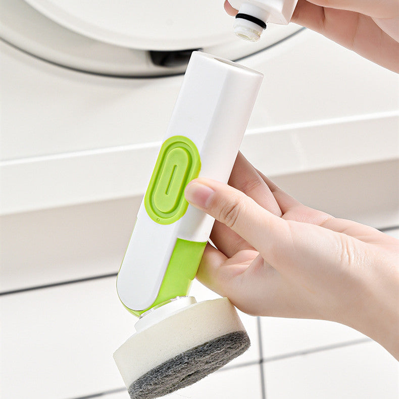 Brosse de nettoyage multifonctionnelle à long manche, remplie de liquide, avec distributeur de liquide et deux têtes de rechange pour accessoires de nettoyage de cuisine.