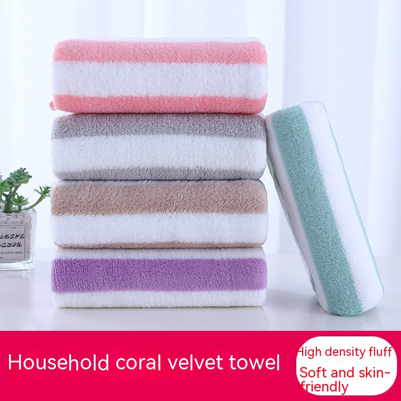 Serviettes de toilette pour le visage à la maison, en polaire corail, à larges rayures, douces, absorbantes et épaisses, non pelucheuses.