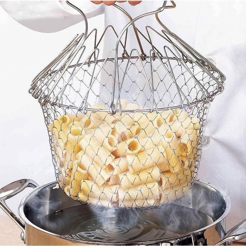 Panier à friture multifonction pliable en acier inoxydable, outil de cuisine flexible pour la friture, le lavage des fruits et légumes