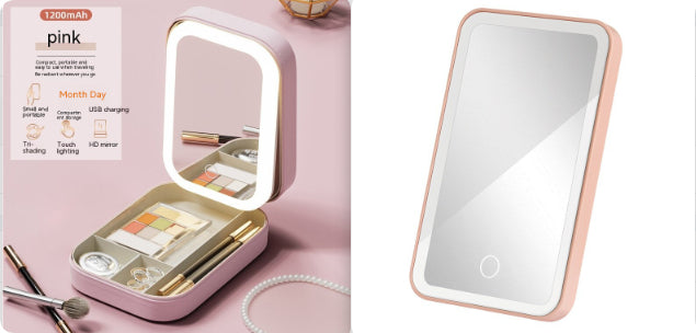 Boîte de rangement pour maquillage avec miroir lumineux LED, boîte de rangement portable pour cosmétiques de voyage, organisateur de rangement lumineux tactile