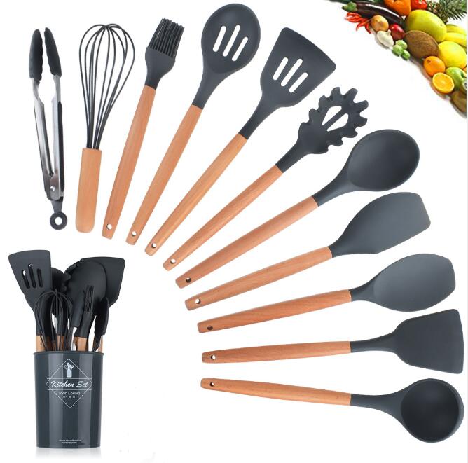 Ustensiles de cuisine en silicone avec poignée en bois