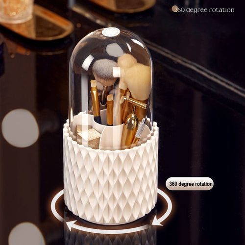 Boîte de rangement de bureau transparente rotative à 360° pour pinceaux et stylos de maquillage, avec couvercle et couvercle anti-poussière.