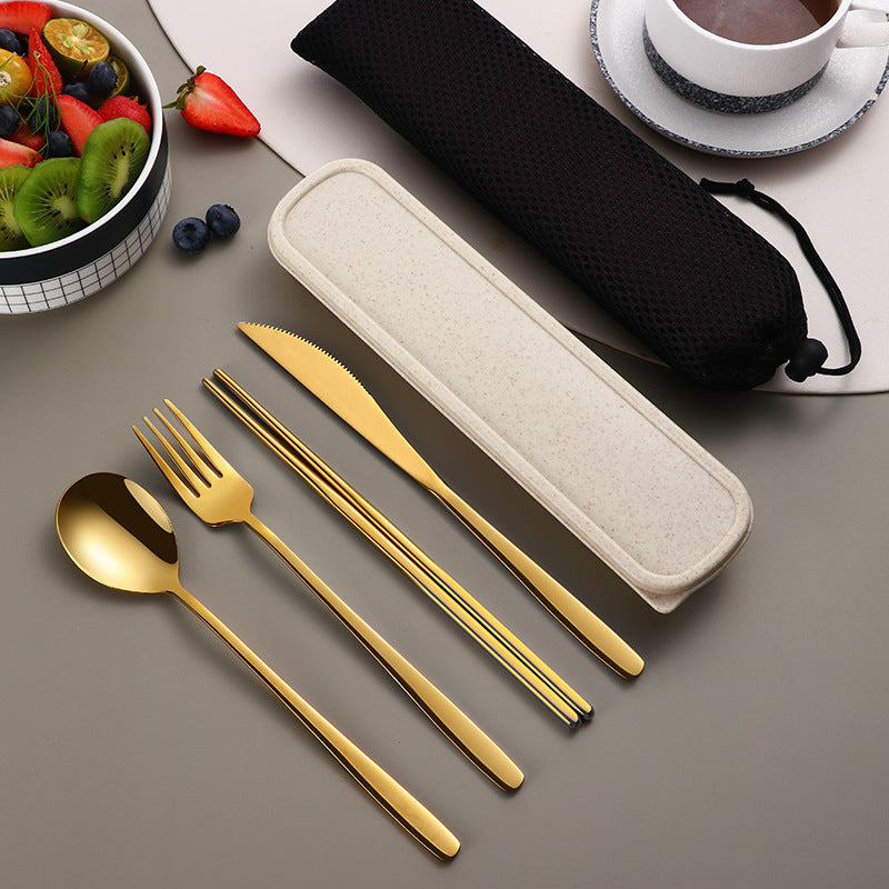 Ensemble de vaisselle 304 pièces, couverts, accessoires de cuisine, ensemble de voyage et de camping, couteau, fourchette, cuillère dorés, couverts portables avec étui