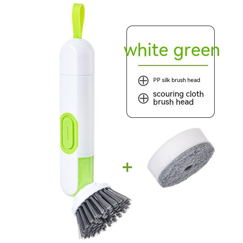 Brosse de nettoyage multifonctionnelle à long manche, remplie de liquide, avec distributeur de liquide et deux têtes de rechange pour accessoires de nettoyage de cuisine.