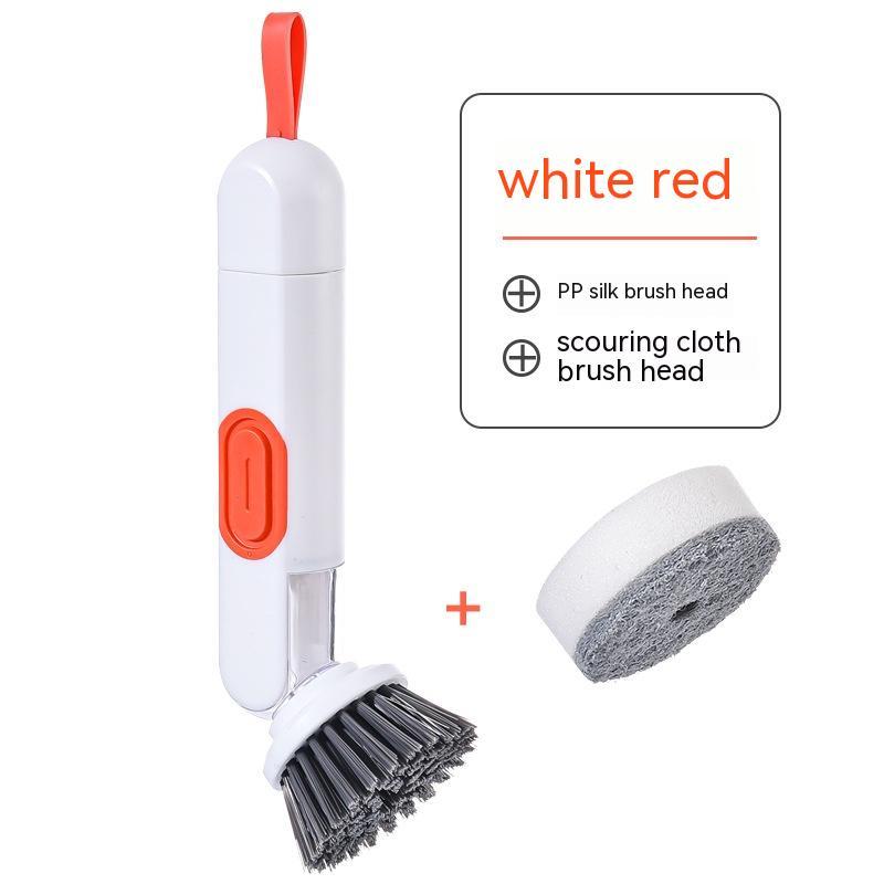 Brosse de nettoyage multifonctionnelle à long manche, remplie de liquide, avec distributeur de liquide et deux têtes de rechange pour accessoires de nettoyage de cuisine.