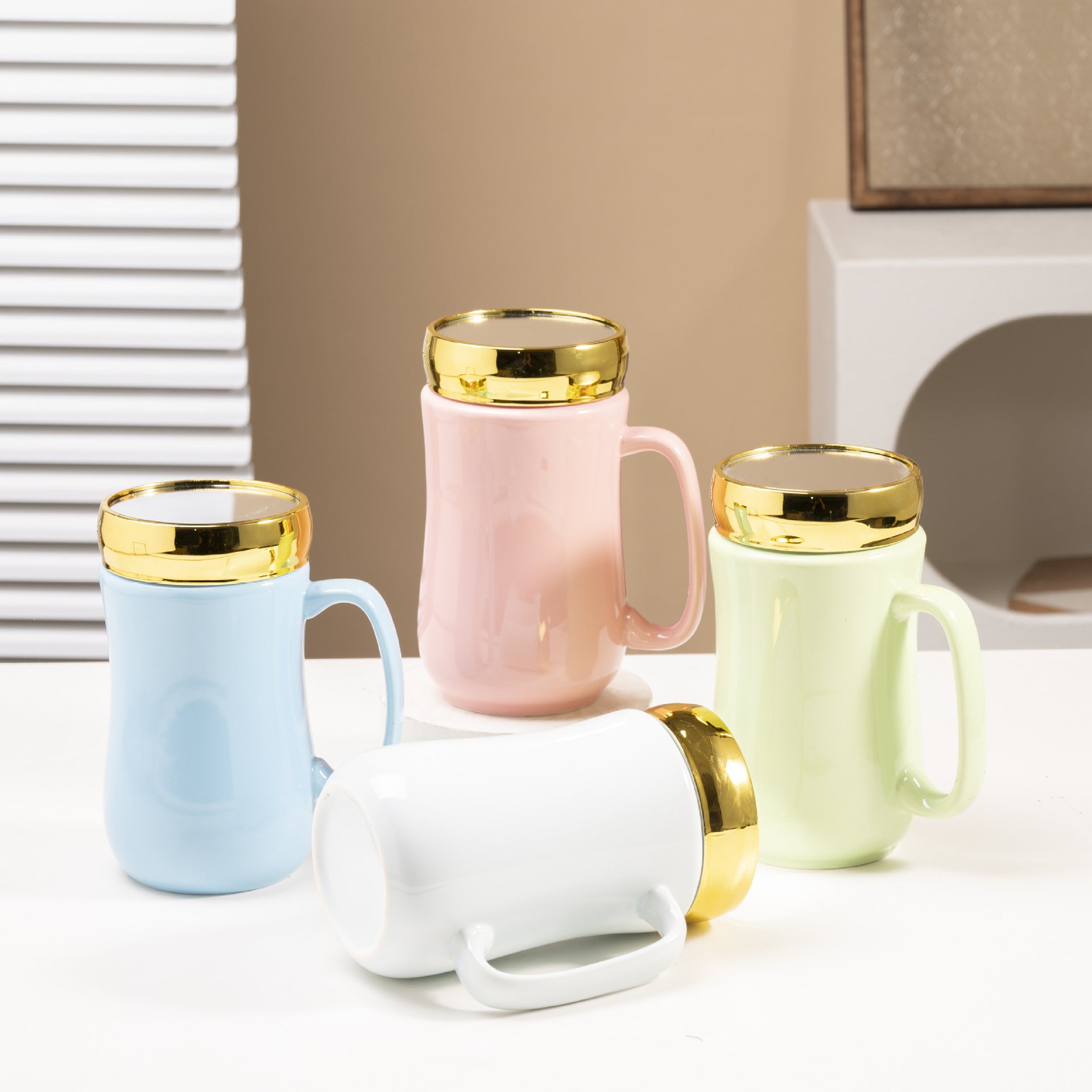 Mug en céramique brillante et émaillée, style miroir, pour couple.