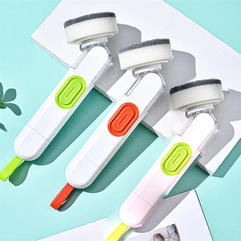 Brosse de nettoyage multifonctionnelle à long manche, remplie de liquide, avec distributeur de liquide et deux têtes de rechange pour accessoires de nettoyage de cuisine.