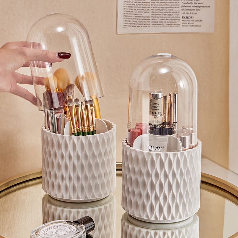 Boîte de rangement de bureau transparente rotative à 360° pour pinceaux et stylos de maquillage, avec couvercle et couvercle anti-poussière.
