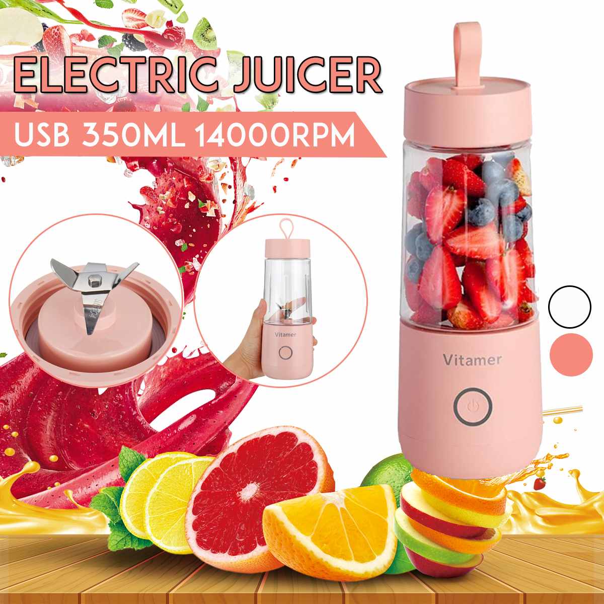Mixeur portable 350 ml, centrifugeuse électrique rechargeable USB, mixeur à smoothies et granités, bouteille mélangeur à jus, accessoire de cuisine rechargeable par USB