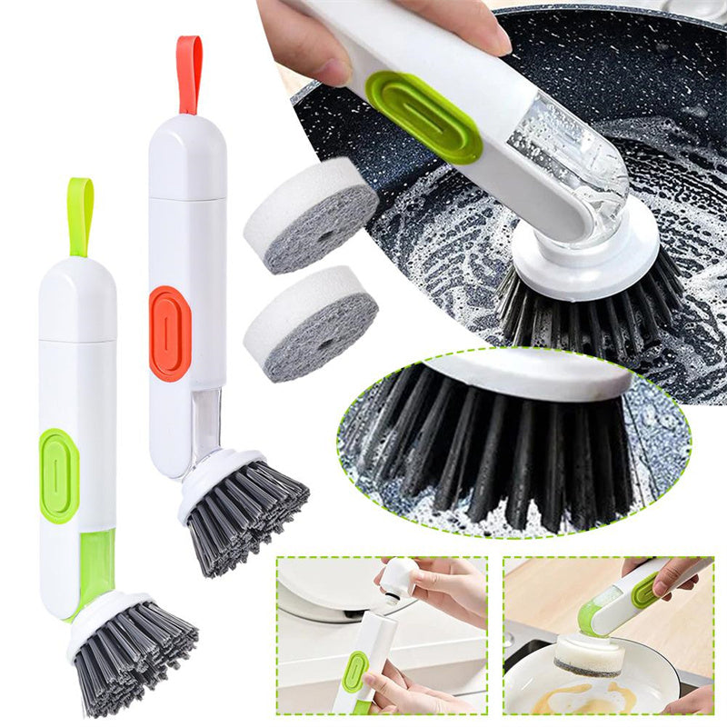Brosse de nettoyage multifonctionnelle à long manche, remplie de liquide, avec distributeur de liquide et deux têtes de rechange pour accessoires de nettoyage de cuisine.
