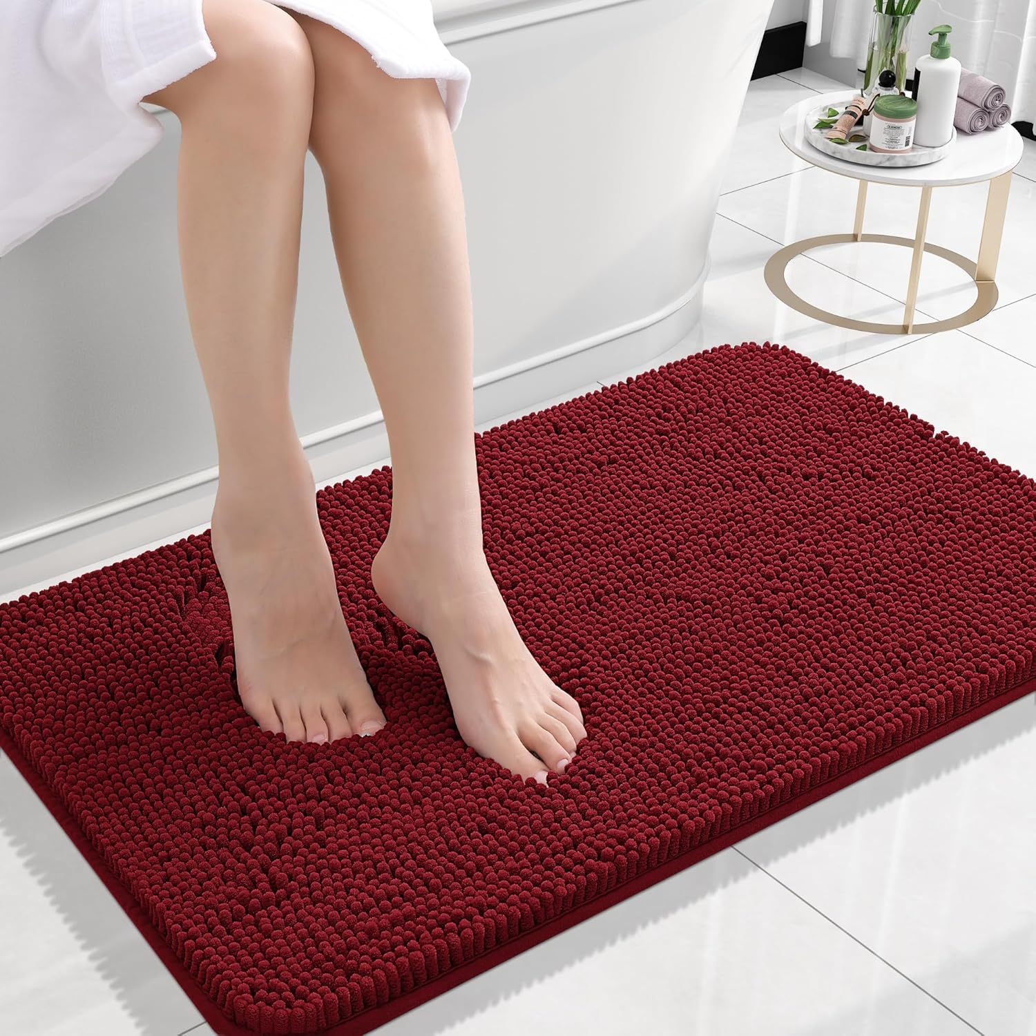 Tapis de sol en chenille de laine longue, absorbant, uni, antidérapant, pour salle de bain ou chambre à coucher, avec pédales.