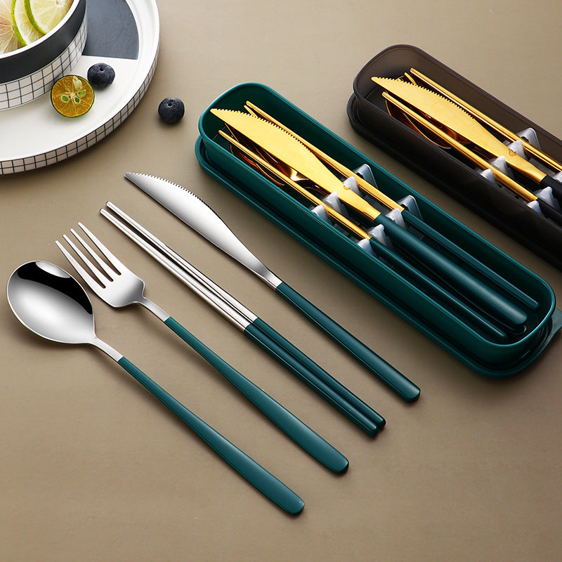 Ensemble de vaisselle 304 pièces, couverts, accessoires de cuisine, ensemble de voyage et de camping, couteau, fourchette, cuillère dorés, couverts portables avec étui