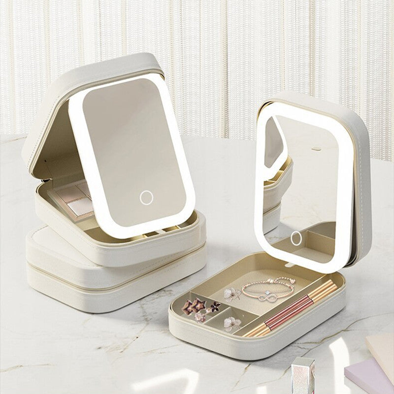 Boîte de rangement pour maquillage avec miroir lumineux LED, boîte de rangement portable pour cosmétiques de voyage, organisateur de rangement lumineux tactile