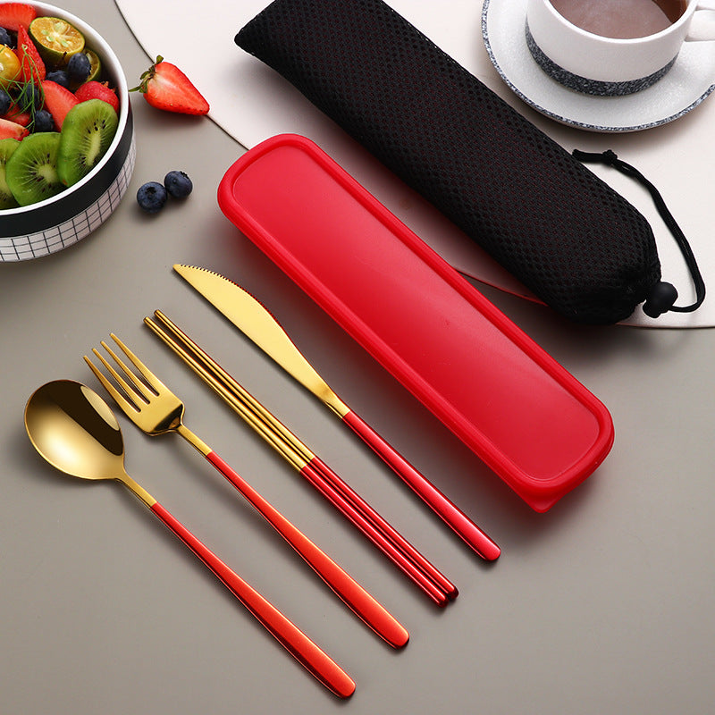 Ensemble de vaisselle 304 pièces, couverts, accessoires de cuisine, ensemble de voyage et de camping, couteau, fourchette, cuillère dorés, couverts portables avec étui