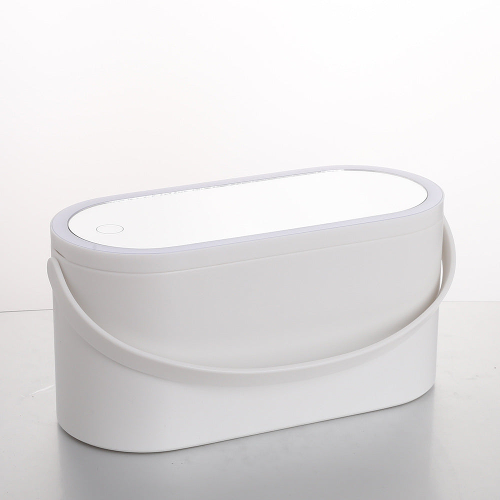 Boîte de rangement avec miroir de maquillage LED portable, idéale pour les voyages.