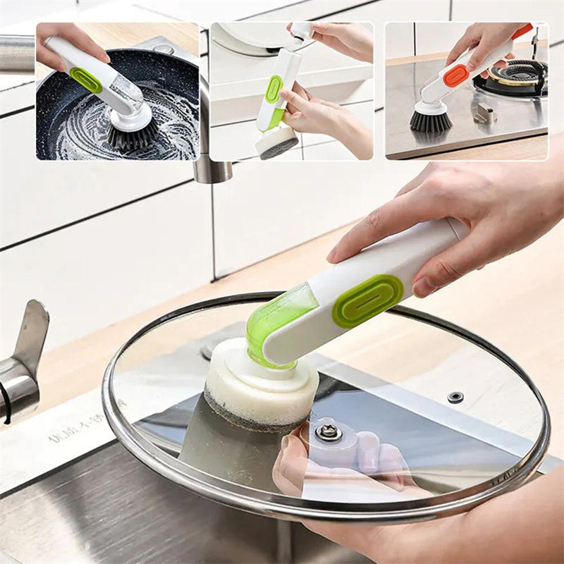 Brosse de nettoyage multifonctionnelle à long manche, remplie de liquide, avec distributeur de liquide et deux têtes de rechange pour accessoires de nettoyage de cuisine.