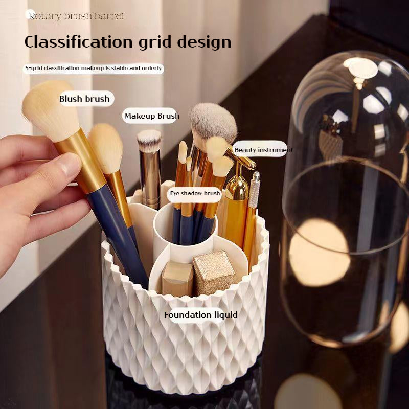 Boîte de rangement de bureau transparente rotative à 360° pour pinceaux et stylos de maquillage, avec couvercle et couvercle anti-poussière.