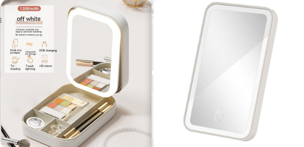 Boîte de rangement pour maquillage avec miroir lumineux LED, boîte de rangement portable pour cosmétiques de voyage, organisateur de rangement lumineux tactile