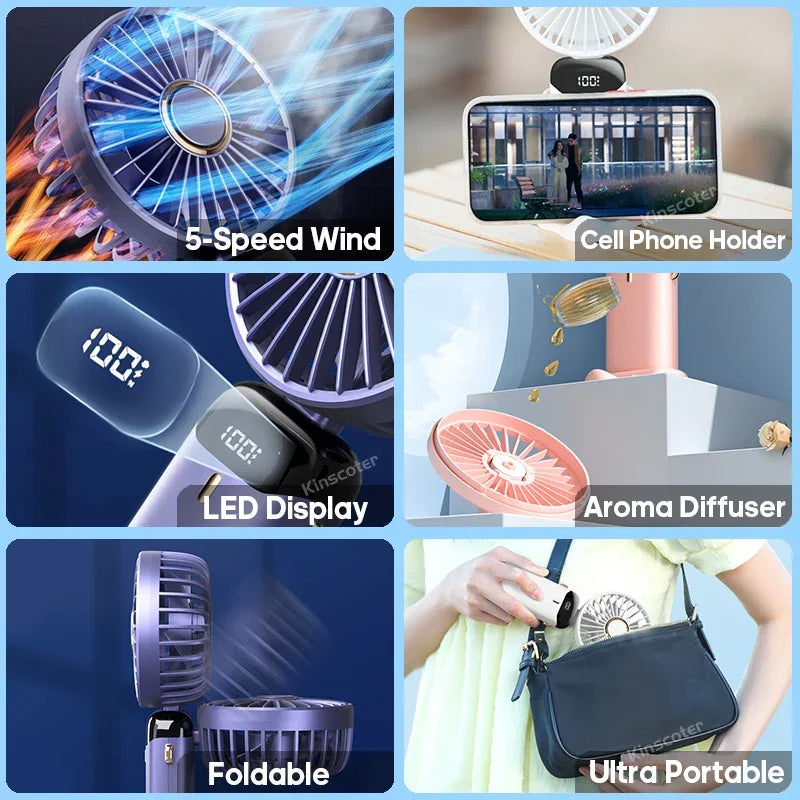 Mini ventilateur électrique portable rechargeable par USB, pliable, à suspendre autour du cou, pour l'extérieur, réglable sur 5 vitesses, puissant rafraîchisseur d'air