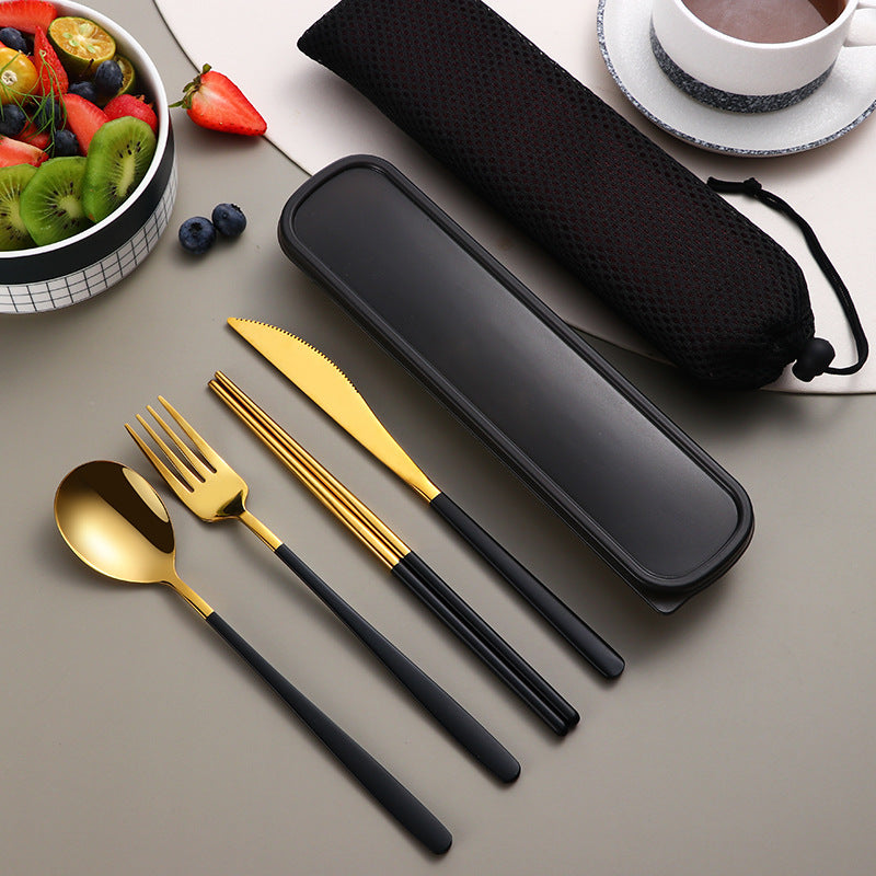 Ensemble de vaisselle 304 pièces, couverts, accessoires de cuisine, ensemble de voyage et de camping, couteau, fourchette, cuillère dorés, couverts portables avec étui