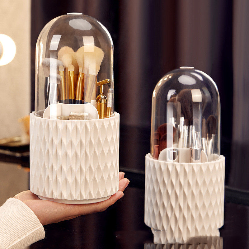 Boîte de rangement de bureau transparente rotative à 360° pour pinceaux et stylos de maquillage, avec couvercle et couvercle anti-poussière.