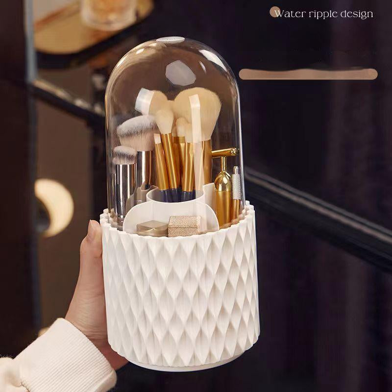 Boîte de rangement de bureau transparente rotative à 360° pour pinceaux et stylos de maquillage, avec couvercle et couvercle anti-poussière.
