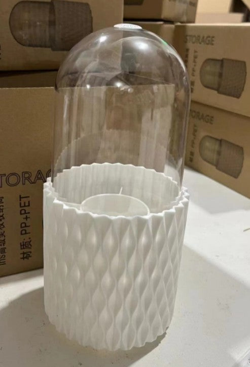 Boîte de rangement de bureau transparente rotative à 360° pour pinceaux et stylos de maquillage, avec couvercle et couvercle anti-poussière.