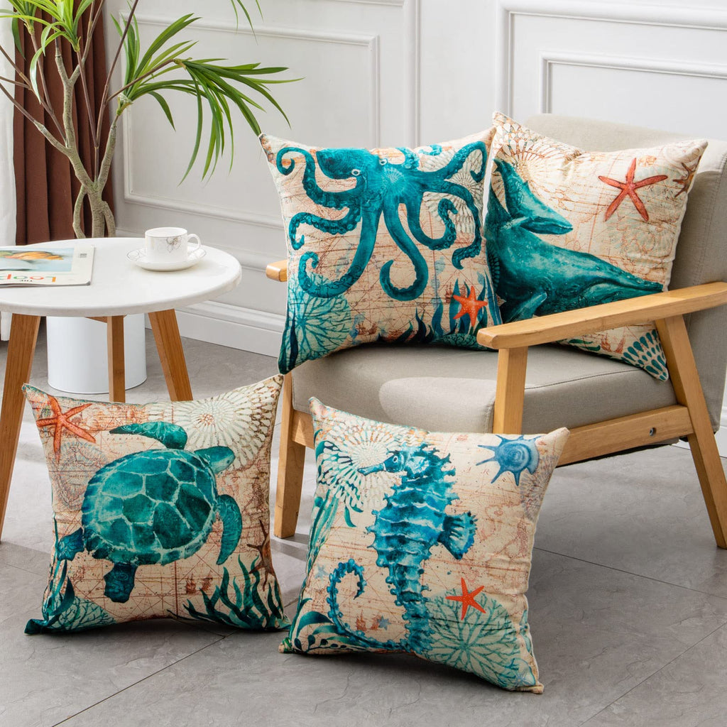 Housses de coussin imprimées tortues marines pour la décoration intérieure, canapé et fauteuil.