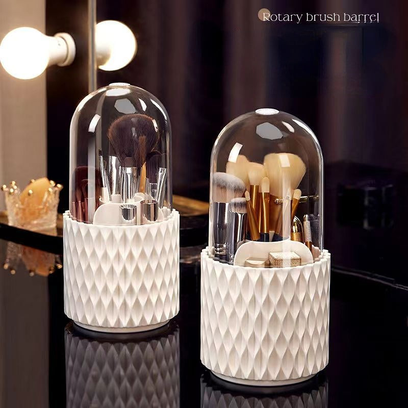 Boîte de rangement de bureau transparente rotative à 360° pour pinceaux et stylos de maquillage, avec couvercle et couvercle anti-poussière.