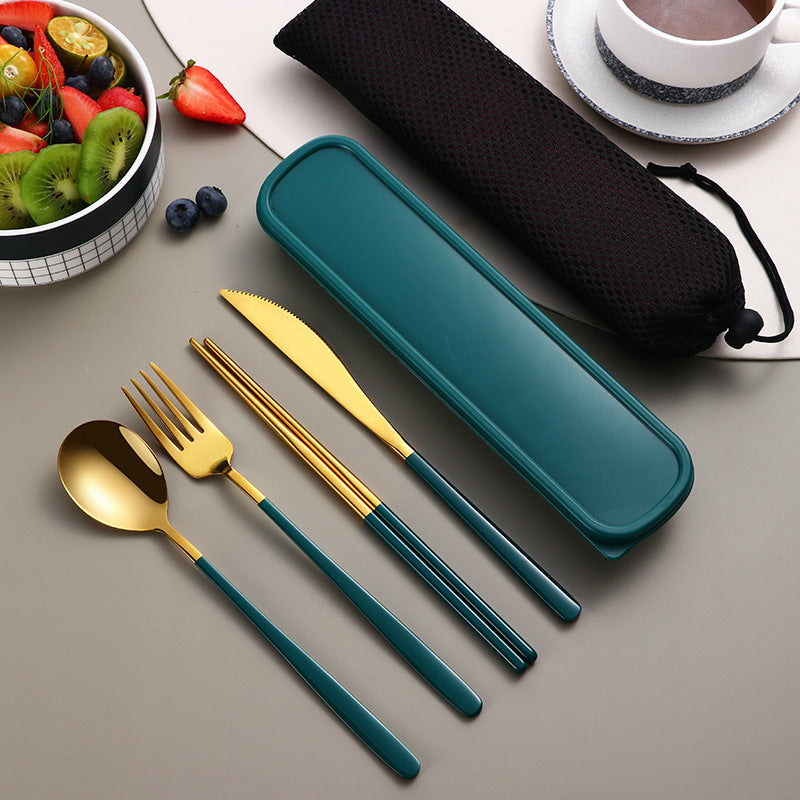 Ensemble de vaisselle 304 pièces, couverts, accessoires de cuisine, ensemble de voyage et de camping, couteau, fourchette, cuillère dorés, couverts portables avec étui