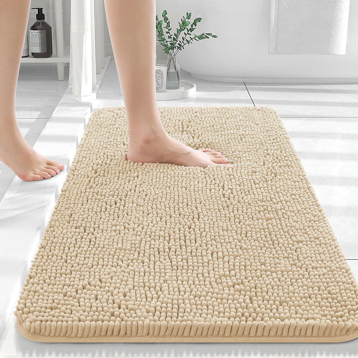 Tapis de sol en chenille de laine longue, absorbant, uni, antidérapant, pour salle de bain ou chambre à coucher, avec pédales.