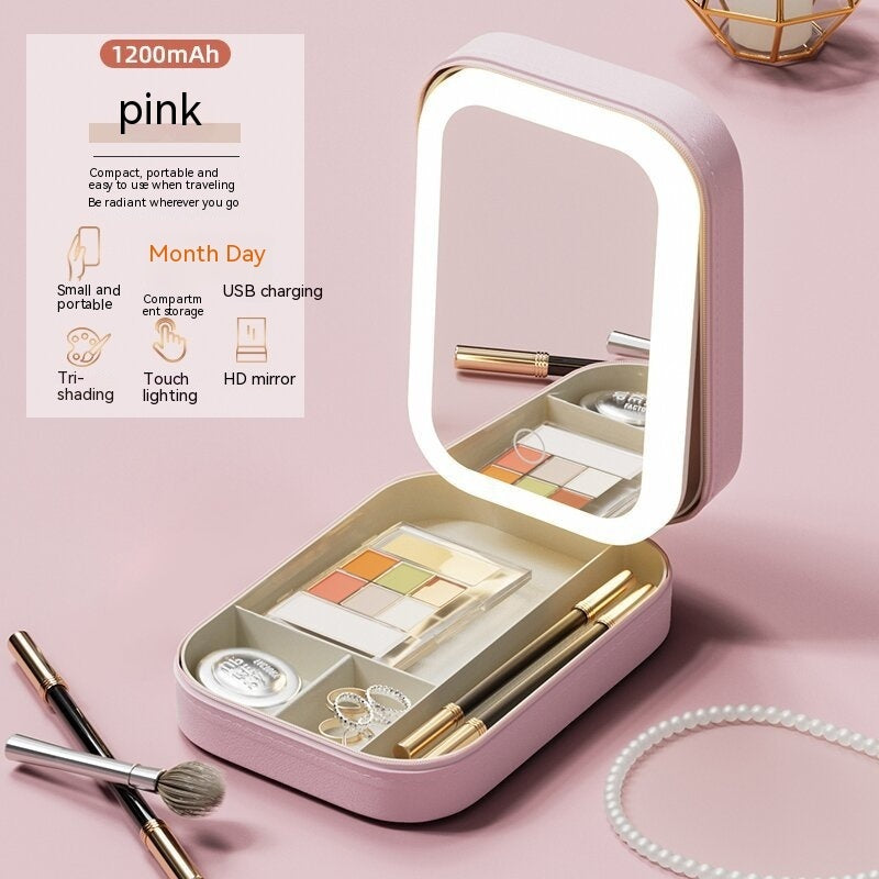 Boîte de rangement pour maquillage avec miroir lumineux LED, boîte de rangement portable pour cosmétiques de voyage, organisateur de rangement lumineux tactile