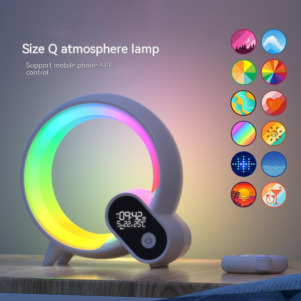 Réveil lumineux Q Light avec affichage numérique analogique et lever de soleil, Bluetooth et audio intelligent. Lumière d'ambiance colorée Q.
