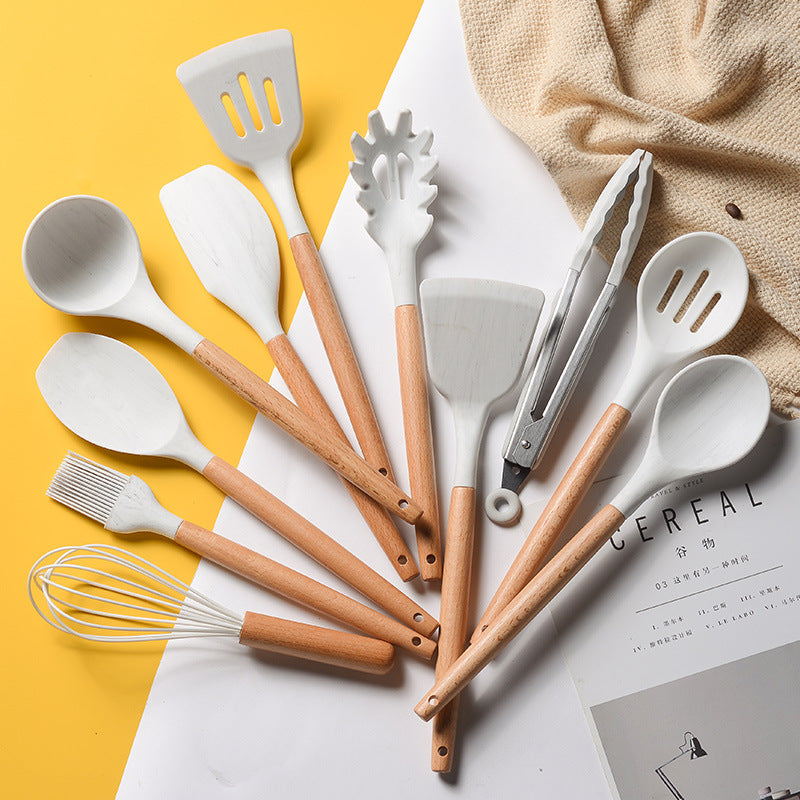 Ensemble d'ustensiles de cuisine en silicone avec poignées en bois blanc marbré